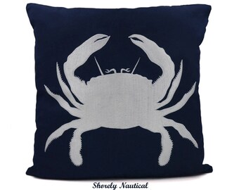 Nautical Crab Pillow Cover,Lake House Decor,Beach Decor,Coastal Decor,Nursery,Nautical Gifts,Embroidery Pillow,Navy,Fits 18"x18" Insert