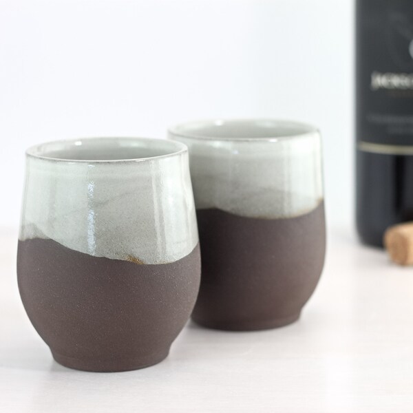 Set of 2 handmade Antique White pottery wine cup, wine tumbler, whiskey cup, brandy cup, pottery cup, dark clay ceramic wine cup, stemless