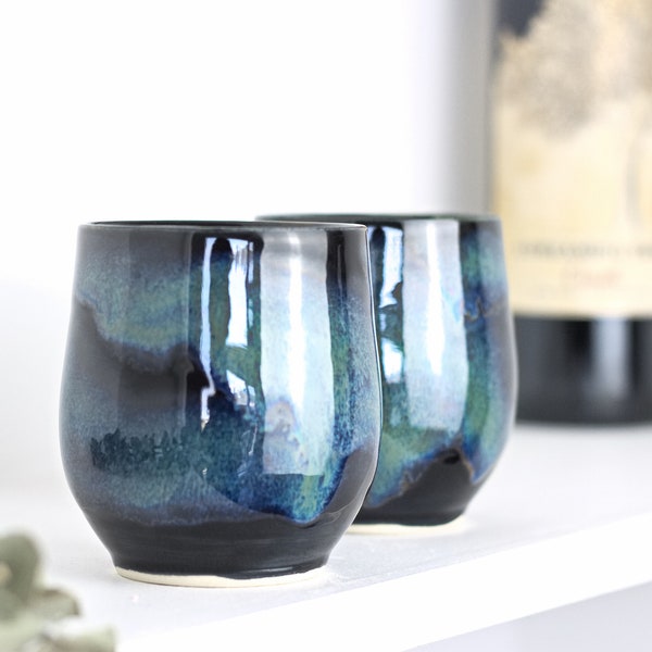 Set of two handmade Northern Lights pottery wine cup, wine tumbler, pottery cup, ceramic wine cup, brandy cup, whiskey cup, gift for her