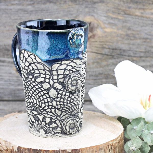 Northern Lights Vintage tall mugs, Large 17 oz pottery mug, coffee mug, tea mug, kitchen decor, designer pottery mug