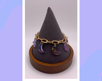 Gold & Purple Moon Paperclip Charm Bracelet