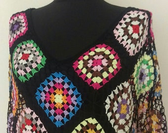 Crochet Colorful Poncho, Boho Cape, Summer Poncho, Multicolor Summer Capelet, Crochet Boho Poncho, Lacy Shrug, Fringed Poncho, Fast Shipping