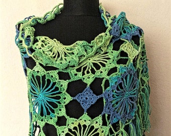 Crochet Triangular Shawl, Green Crochet Wrap, Multicolor Crochet Boho Shawl, Crochet Summer Shawl, Evening Fringed Wrap, Mother's Day Gift