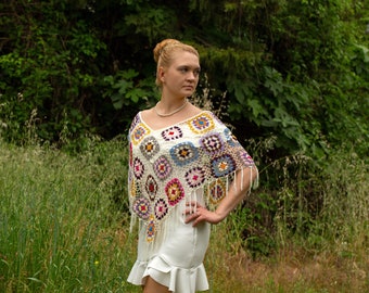 Boho Colorful Poncho, Crochet Cape, Summer Poncho, Multicolor Summer Capelet, Crochet Boho Poncho, Lacy Shrug, Fringed Poncho, Fast Shipping