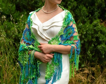 Crochet Green Shawl, Boho Wrap, Fringe Scarf, Summer Cotton Shawl, Summer Cover Up, Multicolor Triangular Shawl, Gift For Woman, For Her