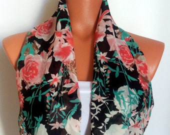 Floral Scarf Silk Chiffon Scarf Multicolor Scarf Love Gift Ideas For Her Women Fashion Accessories Christmas Gift Idea