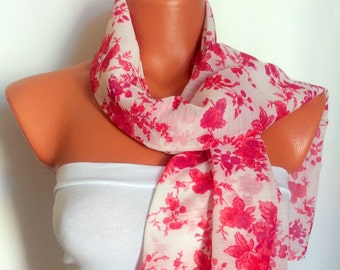Floral Silk Chiffon Scarf Pink and White Scarf Gift Ideas For Her Woman Fashion Accessories Christmas Gift For Mom