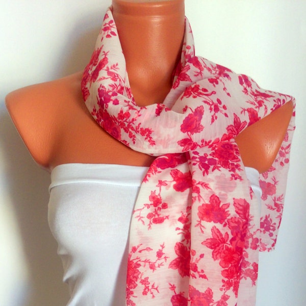 Floral Silk Chiffon Scarf Pink and White Scarf Gift Ideas For Her Woman Fashion Accessories Christmas Gift For Mom