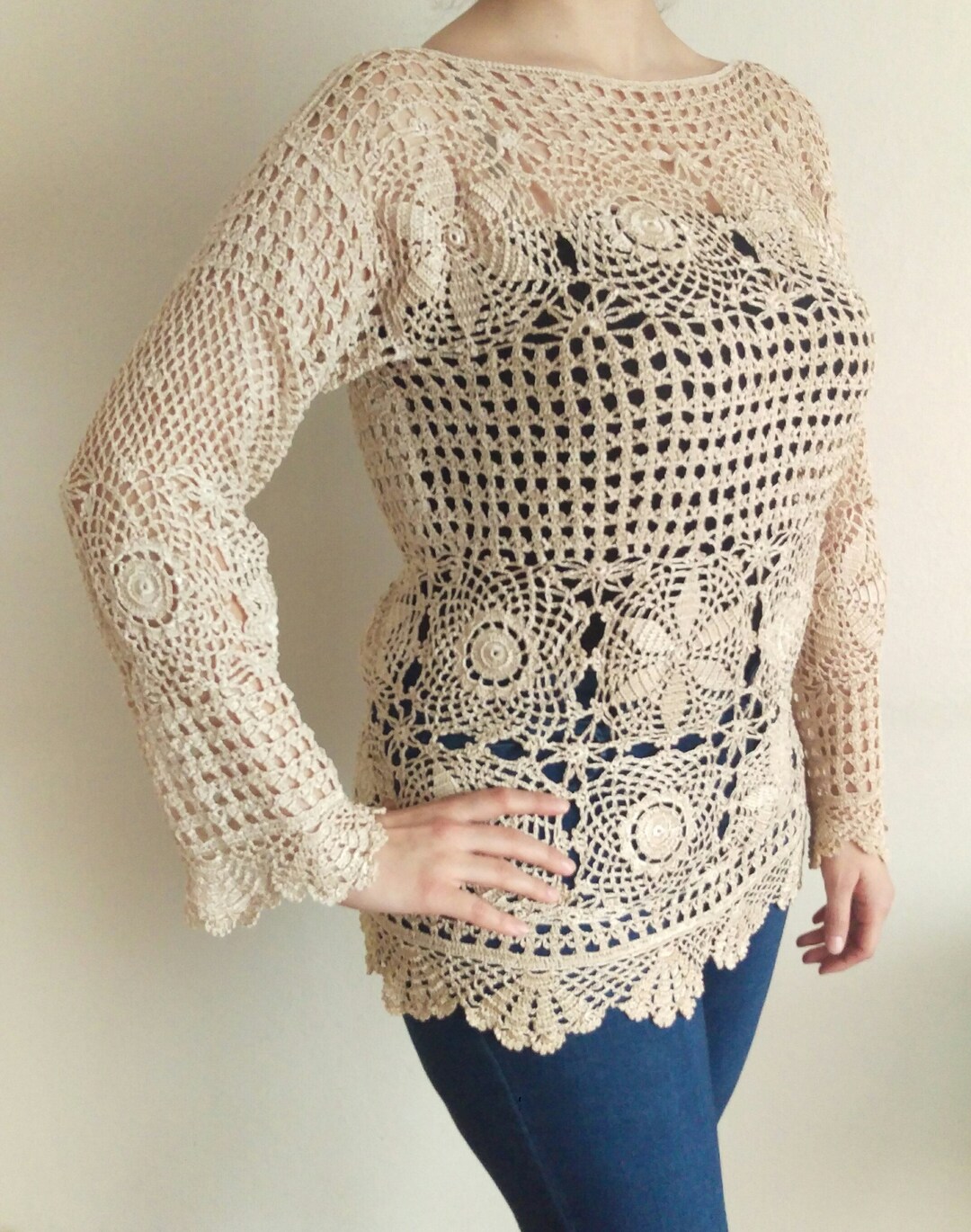 Crochet Beige Sweater, Beige Crochet Jacket, Crochet Sweater, Beige Cardigan, Long Sweater ...