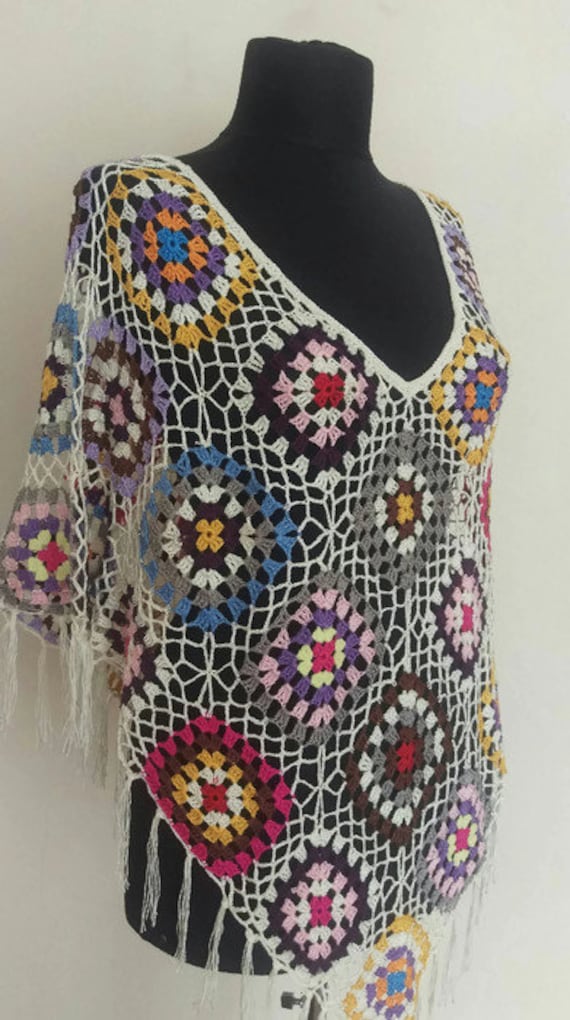Crochet Colorful Poncho, Boho Cape, Summer Poncho, Multicolor Summer Capelet, Crochet Boho Poncho, Lacy Shrug, Fringed Poncho, Fast Shipping