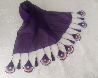 Purple Turkish Scarf, Anatolian Oya Scarf, Hand Crocheted Lace Scarf, Cotton Neckwarmer, Ethnic Scarf, Authentic Scarf, Headband, For Her