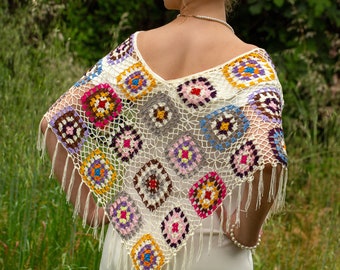 Summer Shrug, Crochet Cape, Summer Poncho, Multicolor Summer Capelet, Crochet Boho Poncho, Lacy Shrug, Fringed Poncho, Fast Shipping