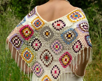 Boho Colorful Poncho, Summer Wrap, Mother&#39;s Day Gift, Multicolor Summer Capelet, Crochet Boho Poncho, Lacy Fringed Shrug, Fast Shipping