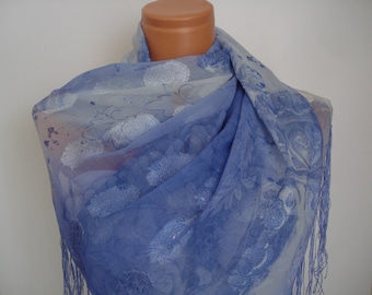 Blue Scarf Tulle Scarf Fringed Scarf Tassel Tulle Shawl