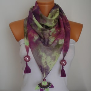 Turkish Scarf Triangle Scarf Batik Cotton Scarf Colorful Scarf Anatolian Oya Scarf Purple  Green Crocheted Lace Authentic Scarf Ethnic Shawl
