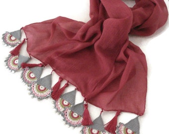 Scarf Turkish, Anatolian Oya Scarf, Hand Crocheted Lace Scarf, Burgundy Cotton Scarf, Ethnic Scarf,  Authentic Scarf, Turkish Scarf Headband