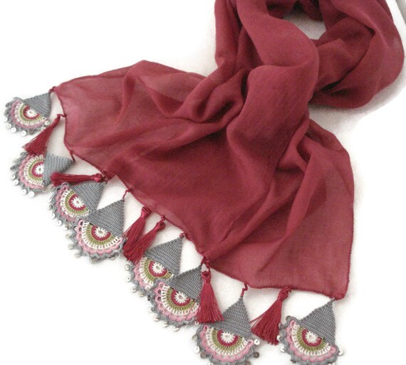 Scarf Turkish, Anatolian Oya Scarf, Hand Crocheted Lace Scarf, Burgundy Cotton Scarf, Ethnic Scarf,  Authentic Scarf, Turkish Scarf Headband