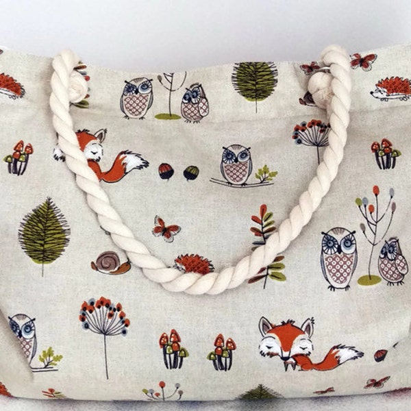 Canvas Tote Bag, Animals Pattern Fabric Tote Bag, Fox and Owl Printed Bag, Gift For Her, Holiday Bag, Shopping Bag,Christmas Gift