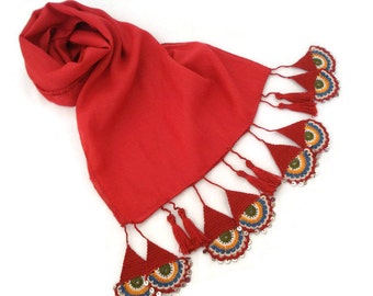 Scarf Turkish, Anatolian Oya Scarf, Hand Crocheted Lace Scarf, Red Soft Cotton Scarf, Ethnic Scarf, Authentic Scarf, Turkish Scarf Headband