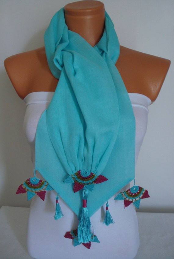 Scarf Turkish-Anatolian Oya Scarf Hand Crocheted Lace Scarf Turquoise Cotton Scarf Ethnic Scarf Authentic Scarf  Double Layer Cotton Scarf