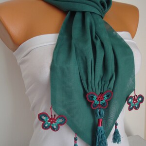 Butterfly Scarf-Anatolian Oya Scarf Hand Crocheted Lace Scarf Green Cotton Scarf Ethnic Scarf Authentic Scarf Double Layer Cotton Scarf