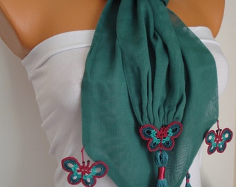 Butterfly Scarf-Anatolian Oya Scarf Hand Crocheted Lace Scarf Green Cotton Scarf Ethnic Scarf Authentic Scarf Double Layer Cotton Scarf