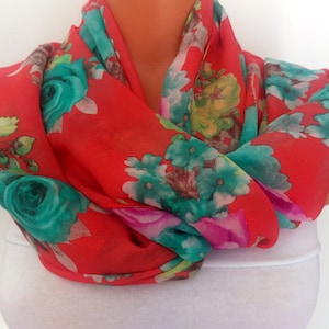 Rose Printed Scarf- Silk Chiffon Scarf- For Her- Spring Summer Scarf- Colorful Scarf- Women Fashion Accessories- Floral Pattern Scarf