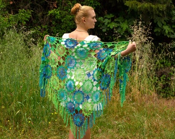 Summer Wrap, Boho Multicolor Shawl, Fringe Scarf, Summer Cotton Shawl, Summer Cover Up, Multicolor Triangular Shawl, Gift For Woman, For Her