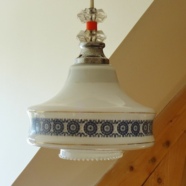 Rare and charming ceiling lamp late 1950s opaline glass of blue milk décor and golden fillets/illuminati10