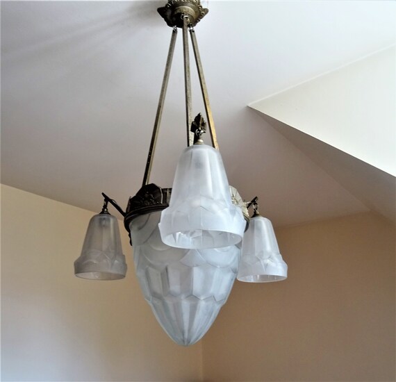 Antique Art Deco 1930 S Compiegne David 4 Lights Chandelier Luster Glass And Brass Nickel Plated Illuminati10