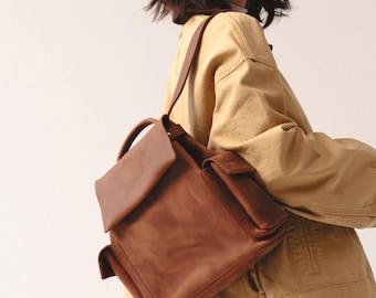 Leather Backpack with water repellent lining and magnetic closure | Handcrafted in EU, Poland from oiled pull-up top-grain leather