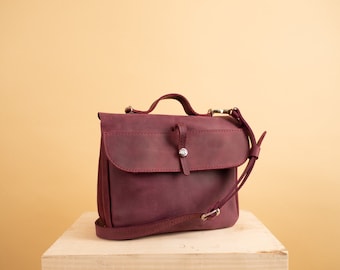 Sac à bandoulière en cuir bourgogne / Petit sac pour femme / Sac à main en cuir