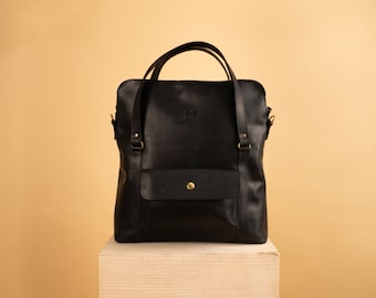 Sac à bandoulière/sac fourre-tout en cuir noir / Sac shopper pour femmes avec bandoulière et une poche avant