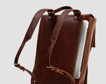 Handcrafted LEATHER BACKPACK with laptop pocket and secure magnetic closure / Premium Citi Rucksack