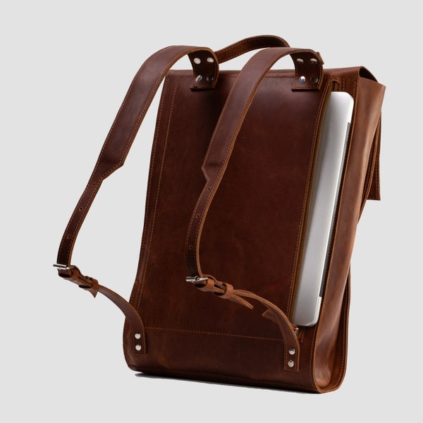 Handcrafted LEATHER BACKPACK with laptop pocket and secure magnetic closure / Premium Citi Rucksack