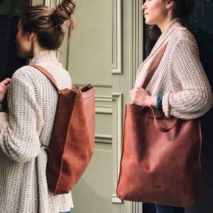 Handmade Brown LEATHER BACKPACK multifunctional BAG Shoulder bag Tote from cowhide leather in brown color