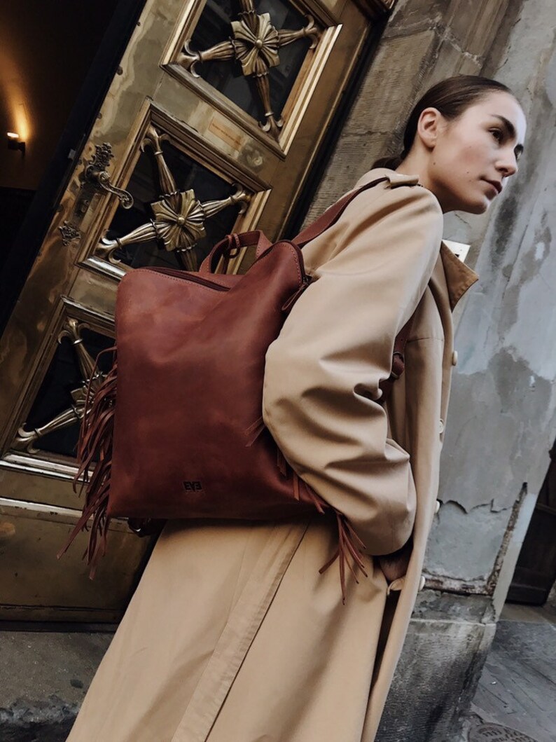 Handmade Brown LEATHER BACKPACK multifunctional BAG Shoulder bag Tote from cowhide leather in brown color