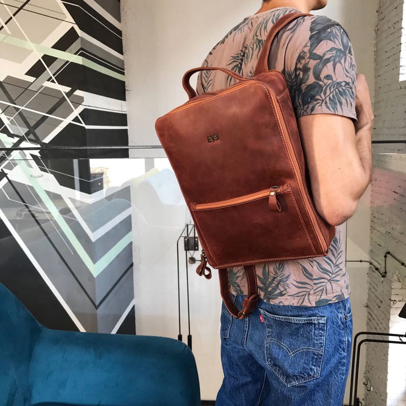 Handcrafted LEATHER BACKPACK / Citi Backpack / Handcrafted leather Rucksack on zipper / Cognac brown leather bag 画像 1