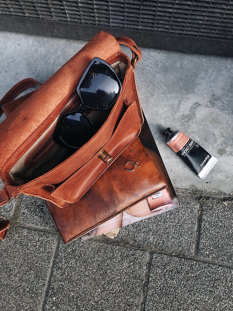 Cognac Brown Leather shoulder bag with Lining / Small Etsy