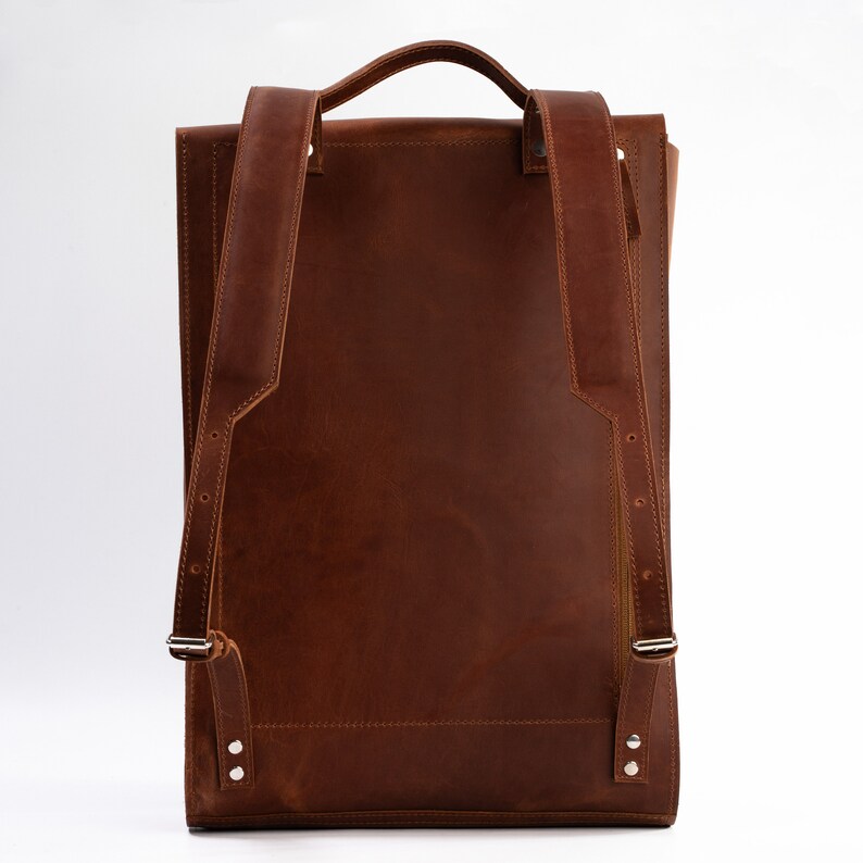 premium cognac brown Italian leather city minimalist backpack with a compartment for notepad