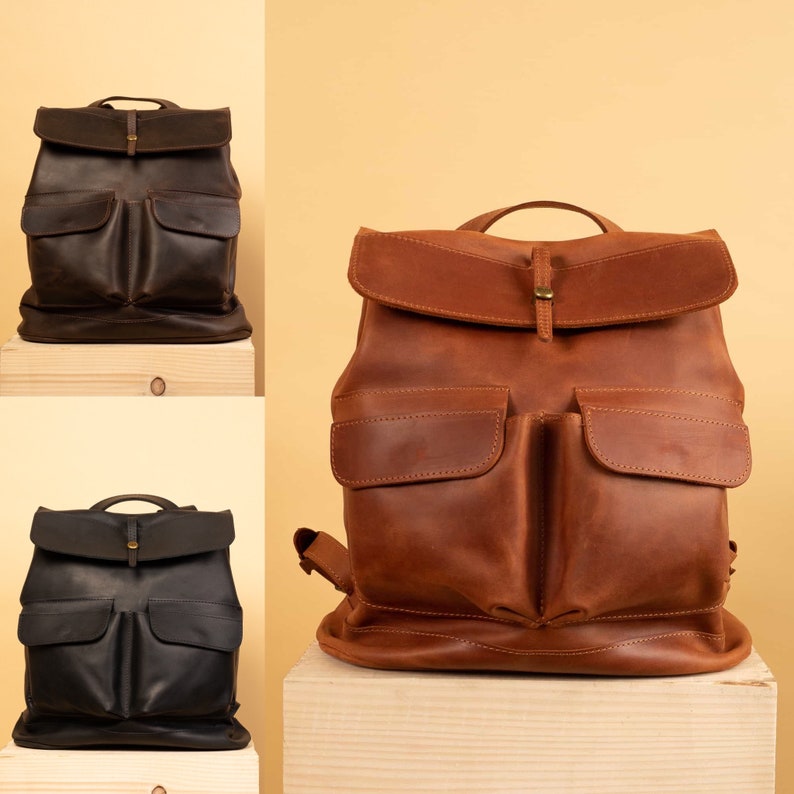 The Widow tv backpack with two font pockets hand made crafted in cognac brown or black color designer