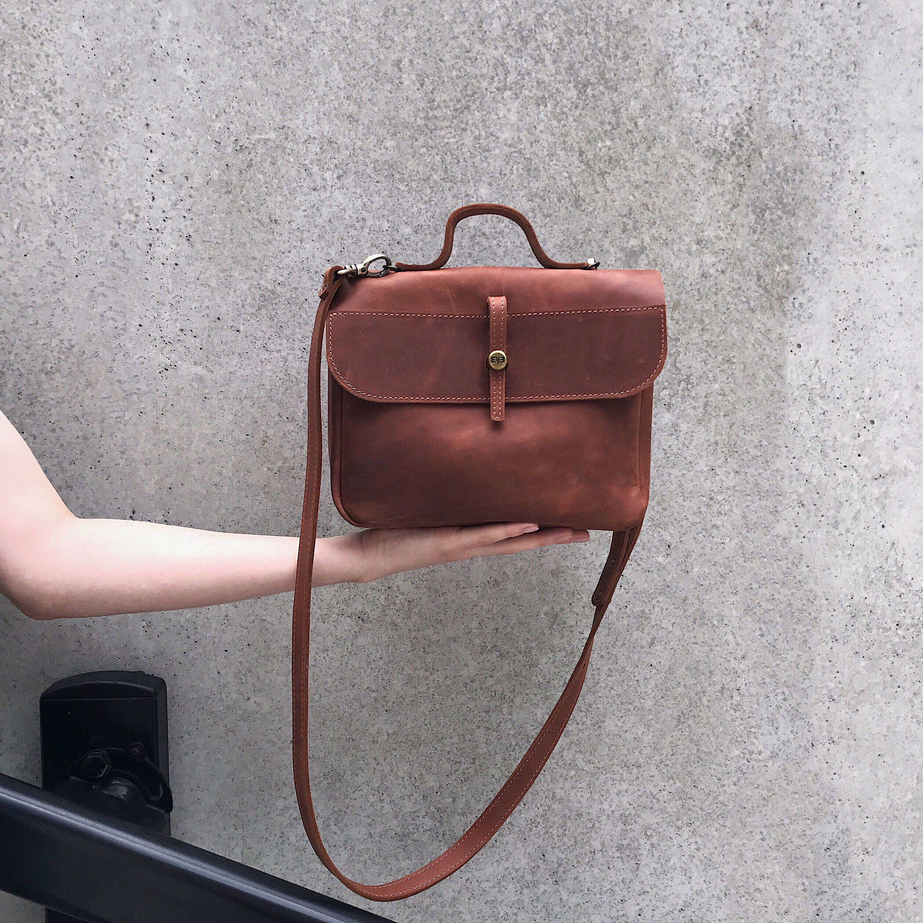 Cognac Brown Leather shoulder bag with Lining / Small Etsy