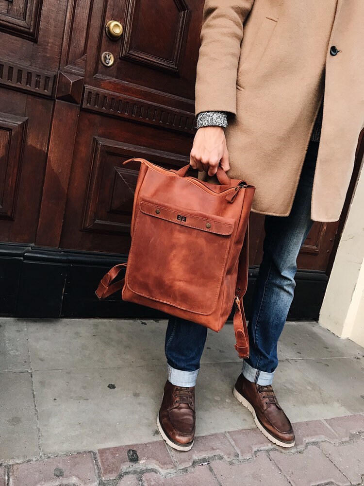 Cognac BROWN LEATHER BACKPACK / Handcrafted leather Rucksack | Etsy