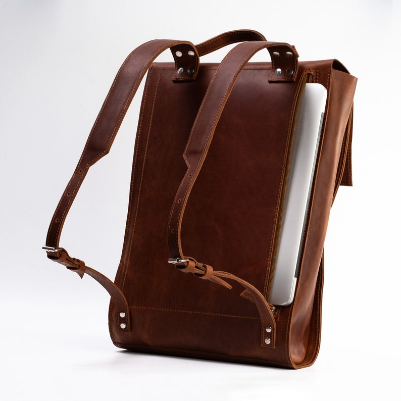 premium brown leather city backpack with a compartment for notepad