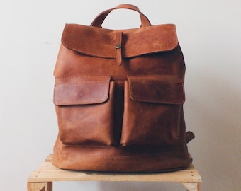 Hand crafted LEATHER BACKPACK in cognac brown Color / Citi Rucksack with two front pockets made of full grain leather