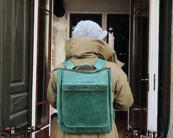 LEATHER BACKPACK  / Handcrafted leather Rucksack with one front pocket on snap bottoms /
