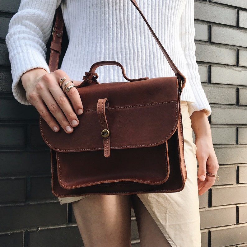 Cognac Brown Leather shoulder bag with Lining / Small | Etsy