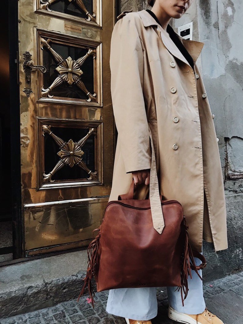 Handmade Brown LEATHER BACKPACK multifunctional BAG Shoulder bag Tote from cowhide leather in brown color