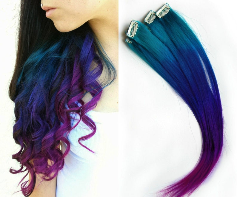 Blue Ombre Clip In Hair Extensions - Synthetic - wide 3