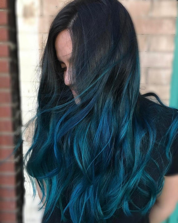 Mermaid Ombre Hair Mermaid Extensions Teal Blue Hair Turquoise Extensions Black To Teal Ombre Dip Dyed Hair Sea Blue Hair Clip Ins